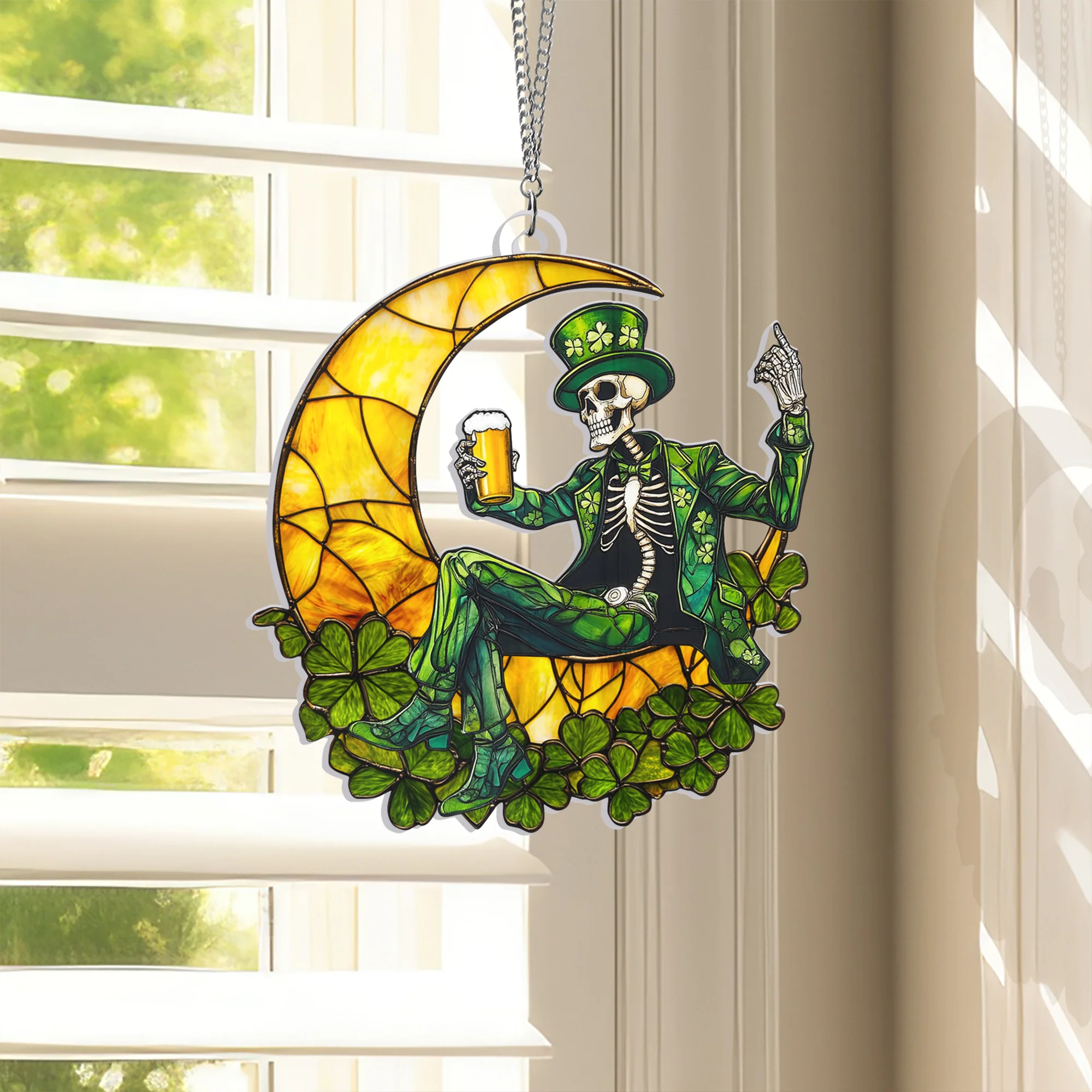 St Patrick's Day Skeleton Suncatcher Acrylic Hanging Sign