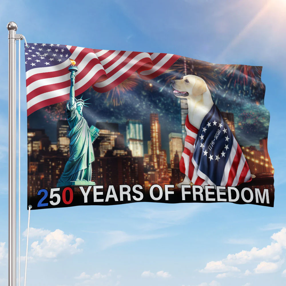 250 Years of Freedom Flag | Patriot Dog Wrapped in Glory Grommet Flag
